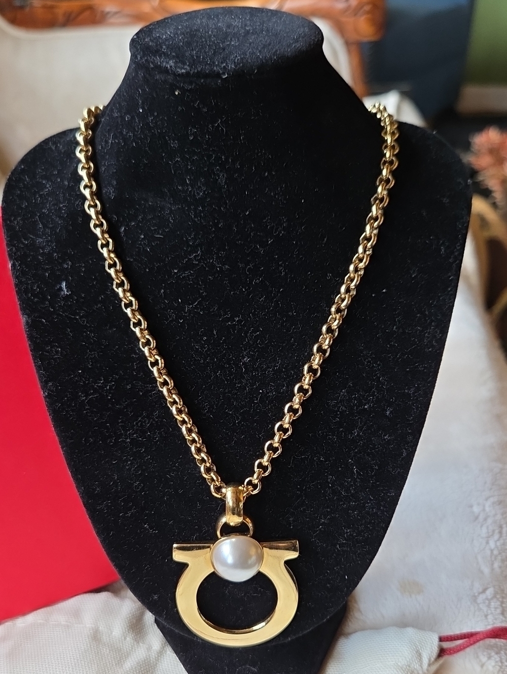 Salvatore Ferragamo Gold Gancini Necklace with Pearl Accent